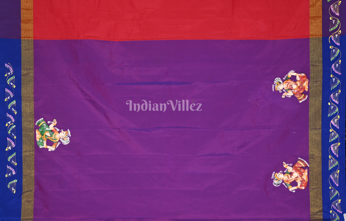 Red Purple Krishna Raas Leela Hand-Painted Pattachitra Saree