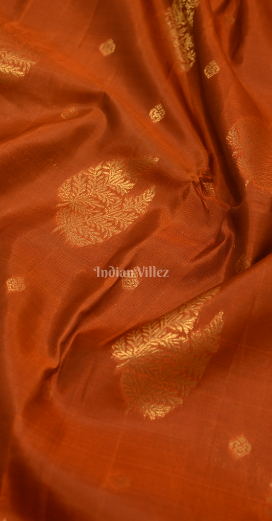 Rust Orange Maroon Leaf Motif Brocade Pure Kanjivaram Silk Saree 