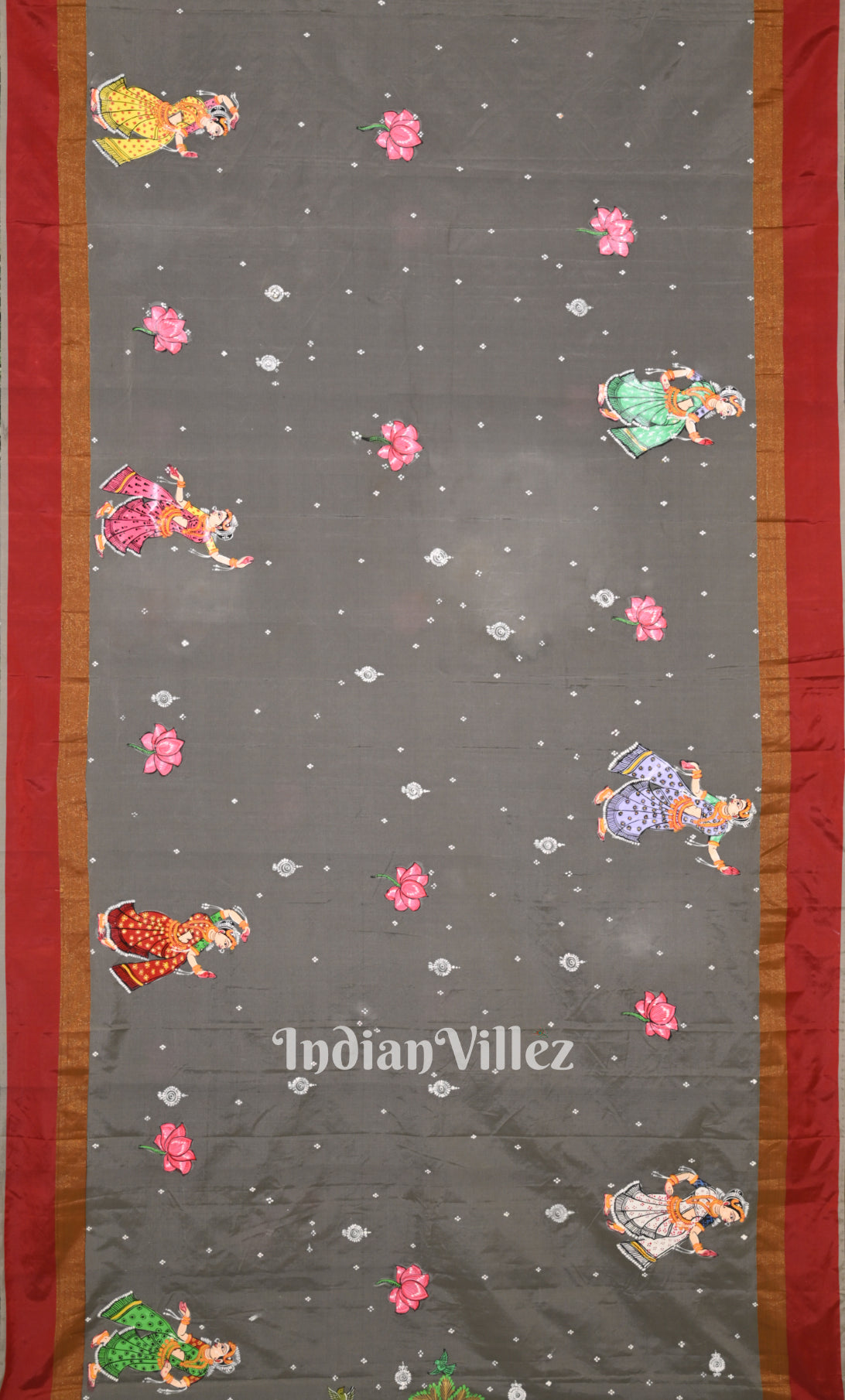 Grey Red Krishna Raasleela Hand-Painted Pattachitra Saree