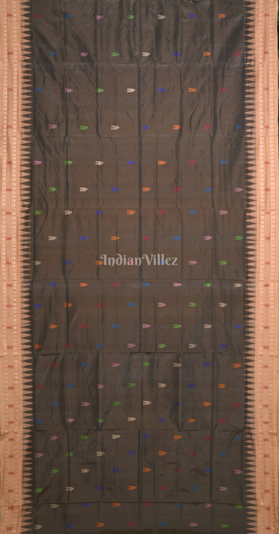 Brown Beige Shree Mandir Theme Bomkai Sambalpuri Ikat Silk Saree