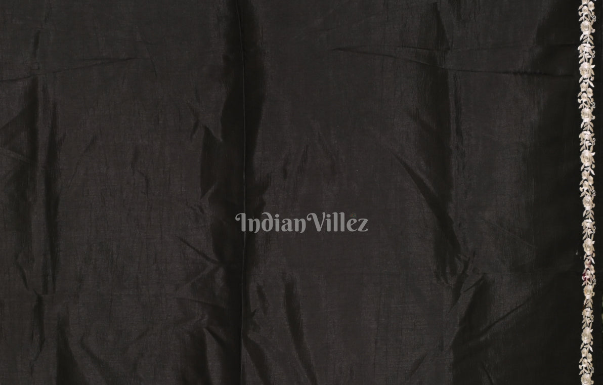 Black Parsi Gara Satin Hand Embroidery  Saree 