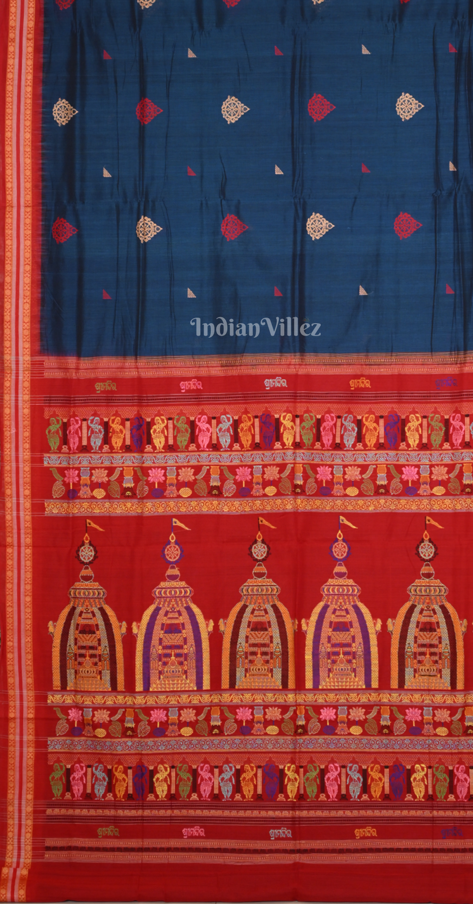 Blue Red Shree Mandir Theme Odisha Ikat Bomkai Cotton Saree 