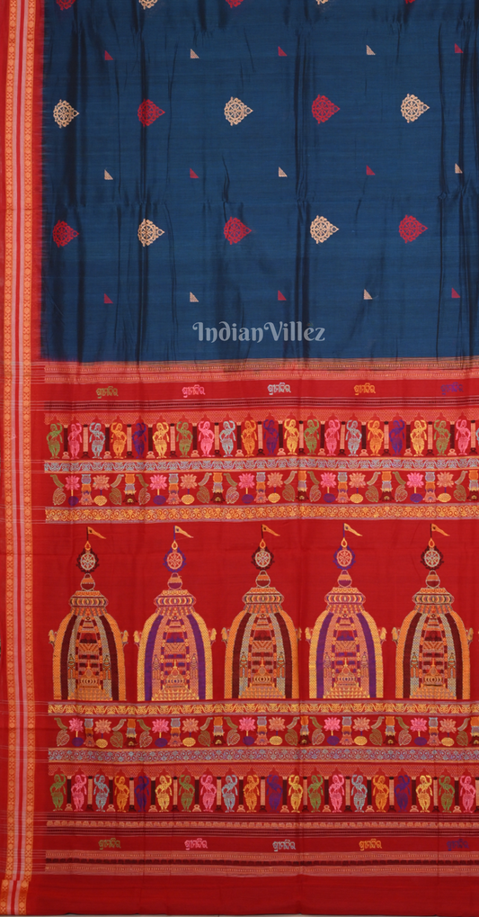 Blue Red Shree Mandir Theme Odisha Ikat Bomkai Cotton Saree 