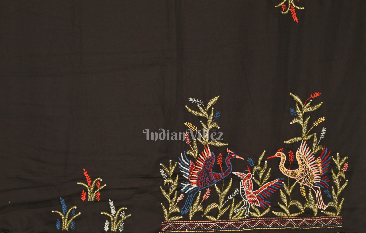 Black Tussar Silk Saree with Hand Embroidery 