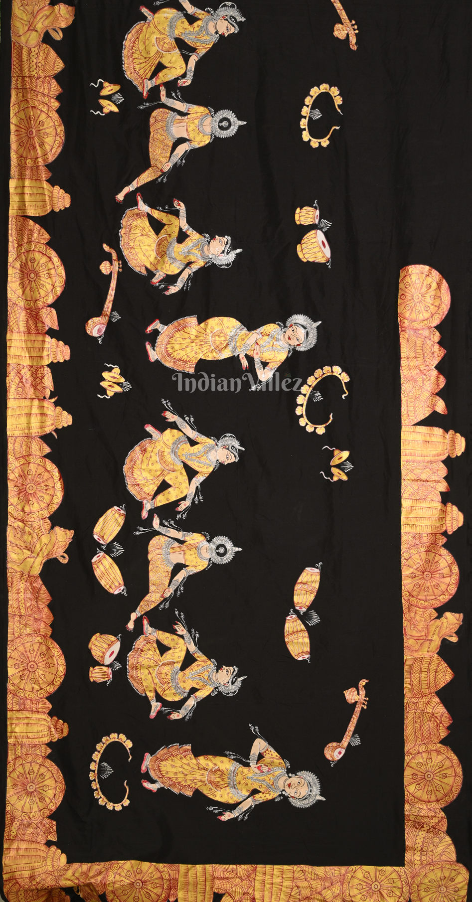 Black Golden Shree Mandir Odishi Theme Hand-Painted Pattachitra Saree 
