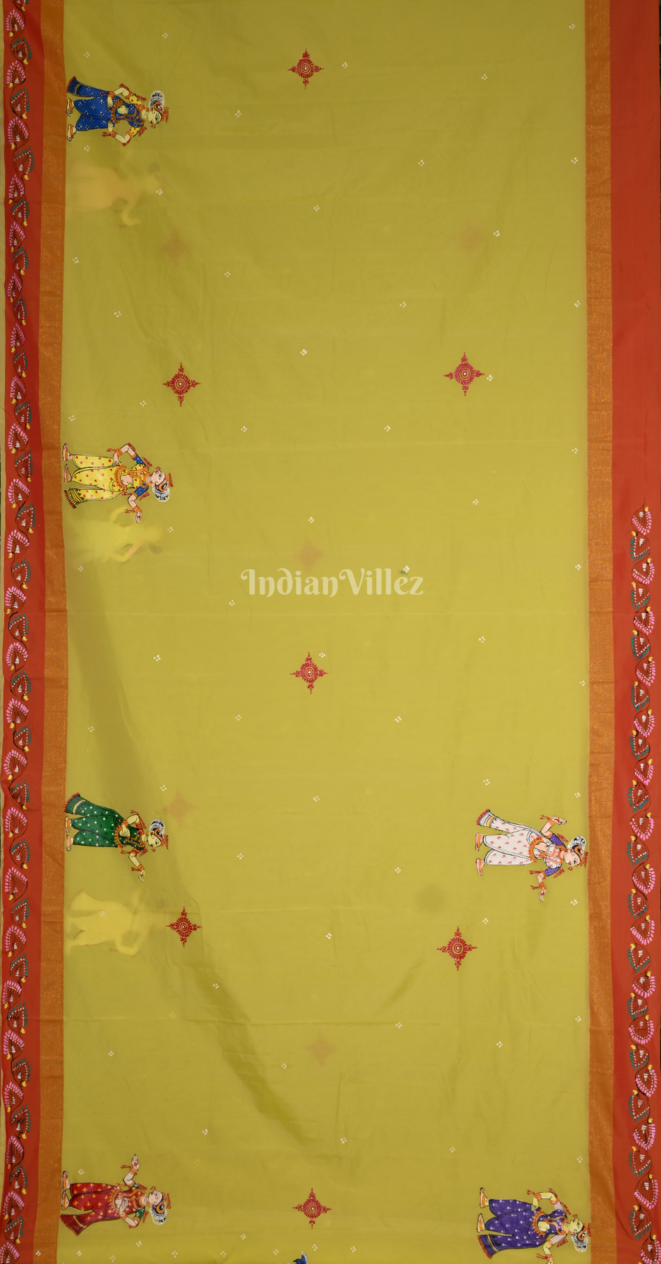 Yellow Red Radha Krishna Raas Leela Hand-Painted Pattachitra Saree