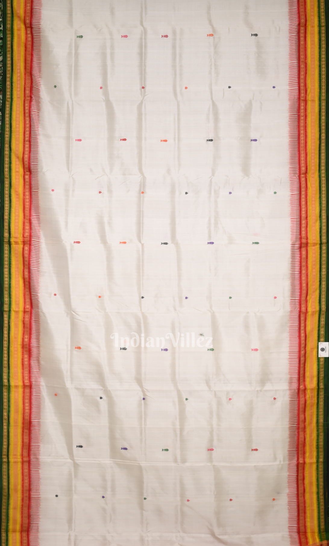 White Green Fish Motif Kathiphera Odisha Ikat Khandua Silk Saree