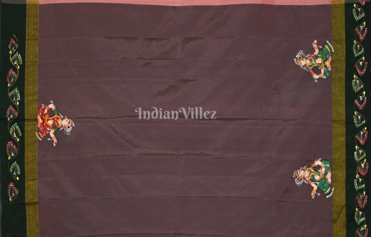 Pink Coffee Krishna Raas Leela Hand-Painted Pattachitra Saree 