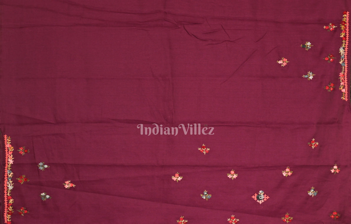 Purple Tusasr Silk Saree with Floral Hand Embroidery Work