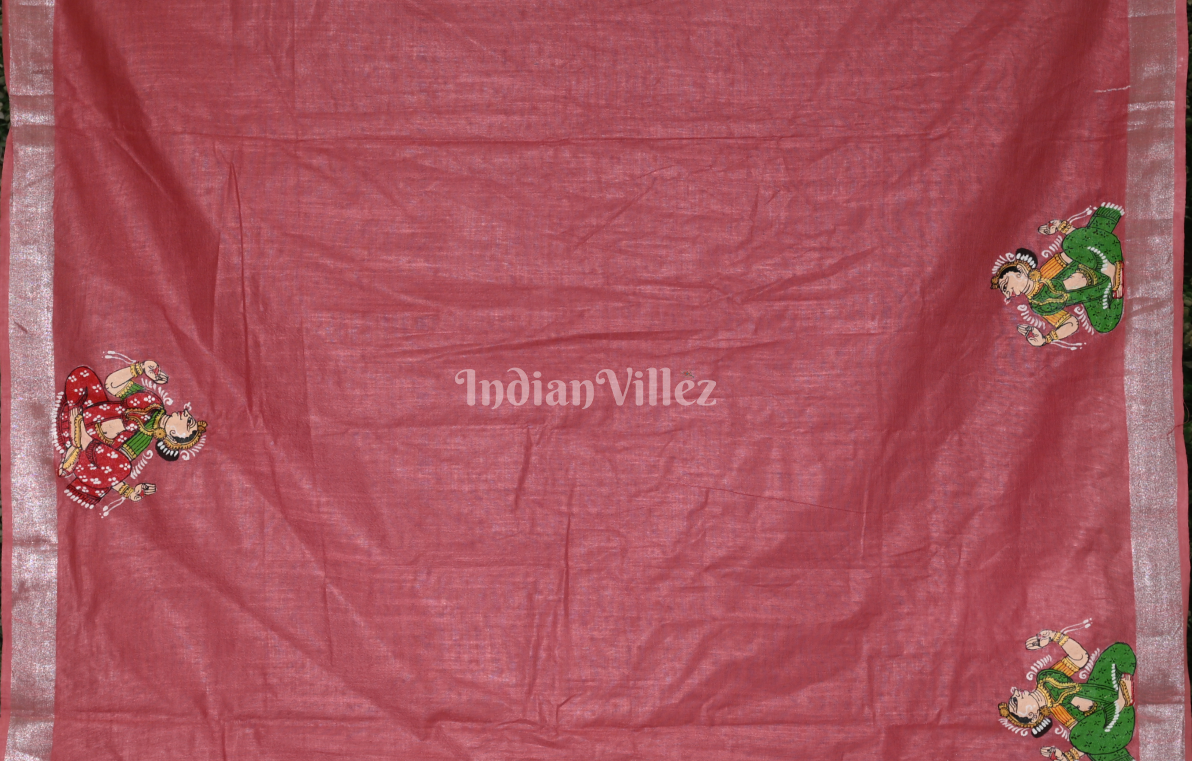 Red Raja Doli Theme  Hand-Painted Pattachitra Saree (Linen) 