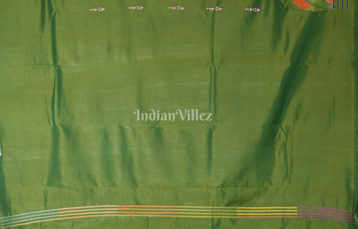 Mehendi Green Handwoven Kantha Stitch Silk Saree 