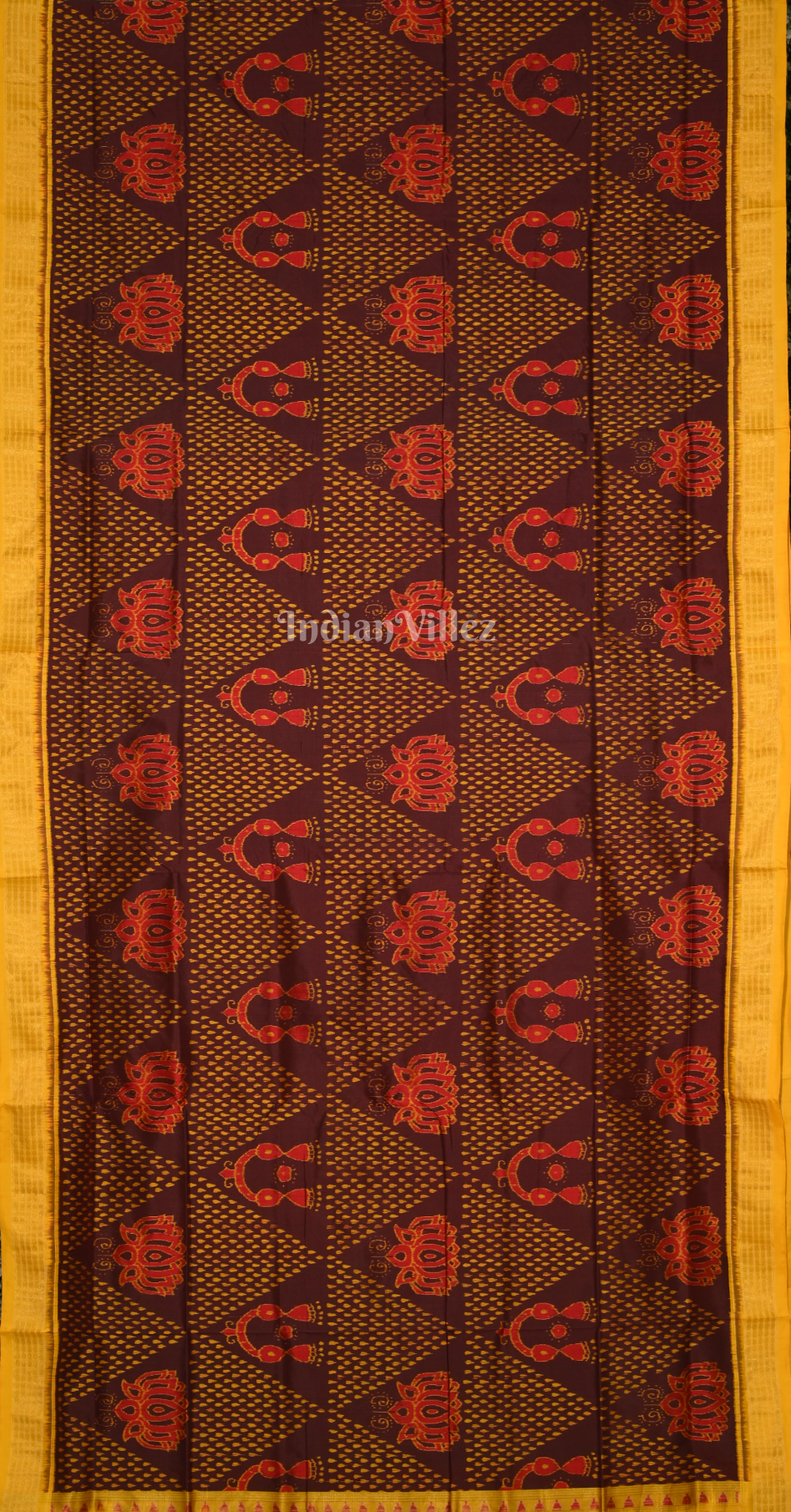 Maroon Yellow Lakshmi Feet Odia Jhoti Theme Half Tissue Sambalpuri Silk Saree
