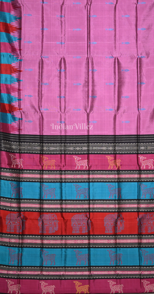 Onion Pink Blue Fish Motif Double Pallu Berhampuri Silk Saree 