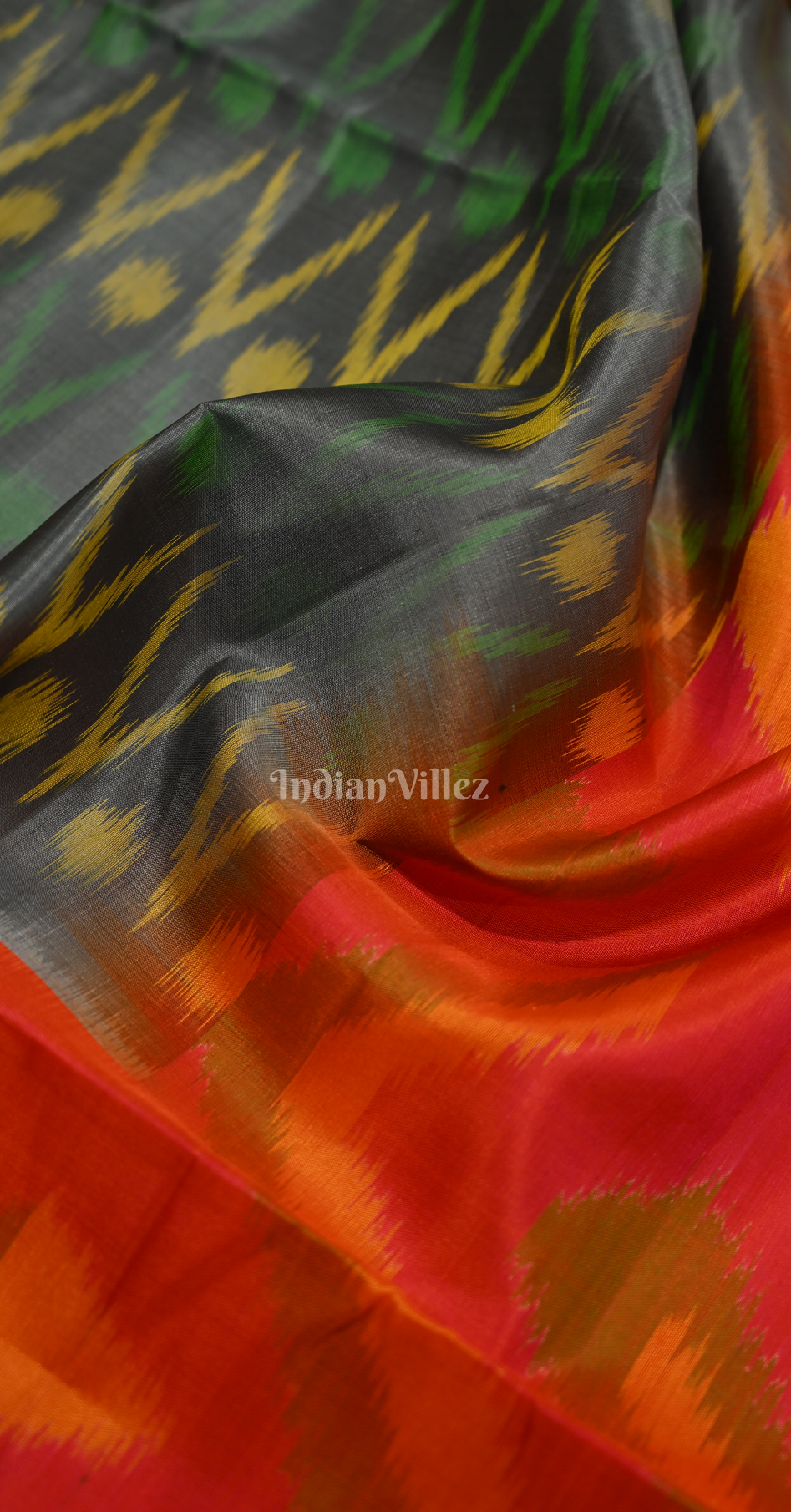 Grey Red Pochampally Ikat Silk Saree