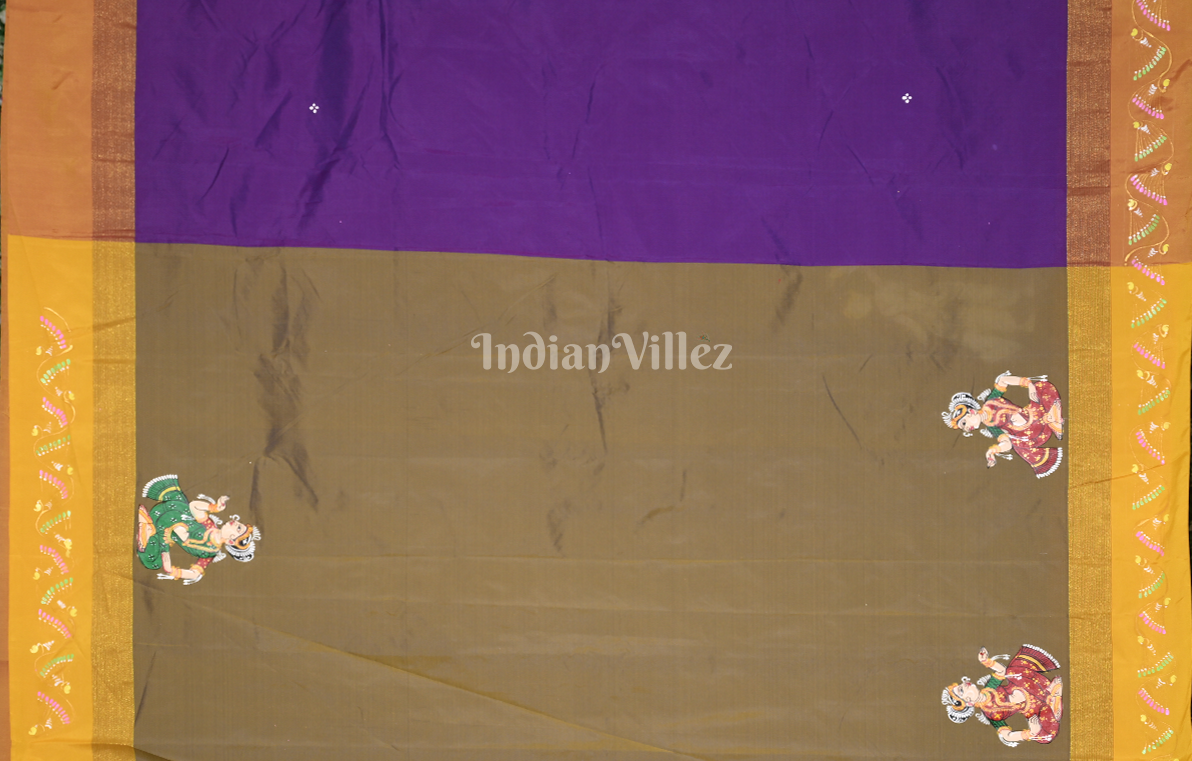 Purple Mustrad Yellow Raja Doli Theme Hand-Painted Pattachitra Saree