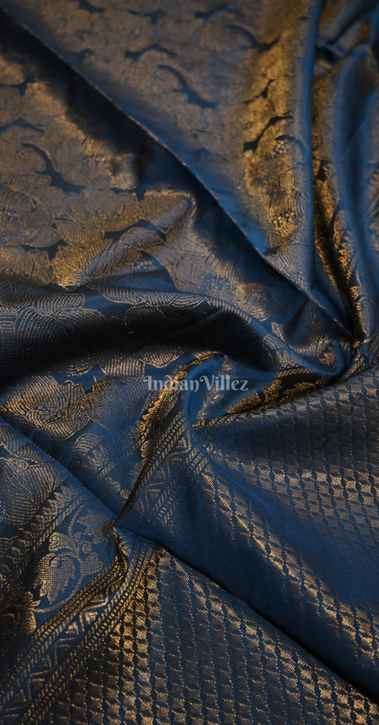 Navy Blue Floral Zari Pure Kanjivaram Soft Silk Saree
