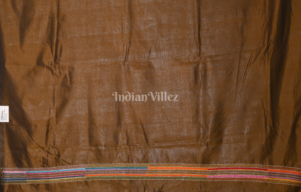 Brown Fish Motif Handwoven Kantha Stitch Silk Saree 