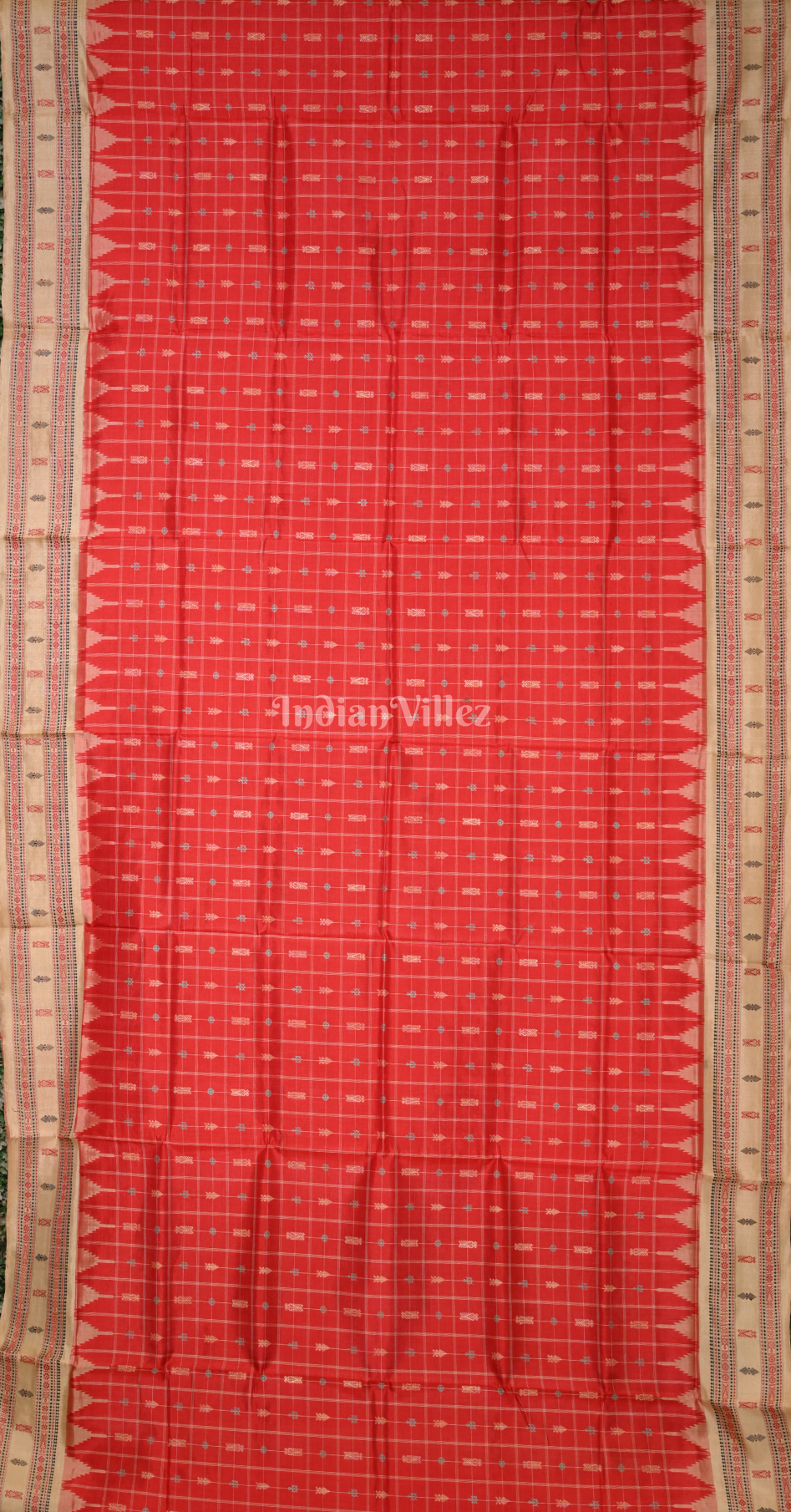 Red Beige Hazarbuti Odisha Ikat Tussar Silk Saree