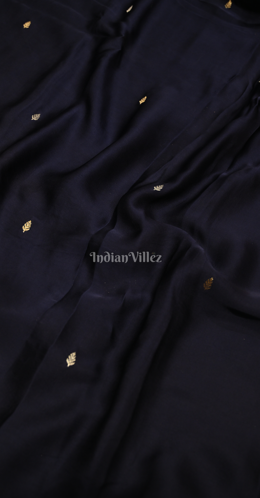 Navy Blue Pure Satin Crepe Silk Banarasi Saree 