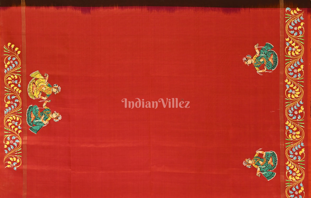 Maroon Red Village Theme Hand- Painted Pattachitra Saree