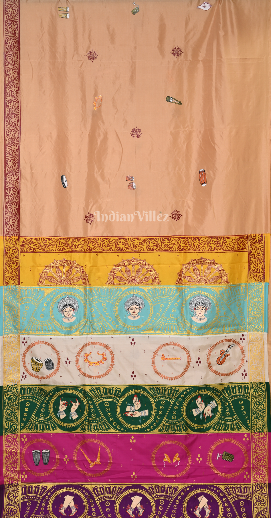 Beige Musical Instruments & Dancer Theme Hand-painted Pattachitra Saree
