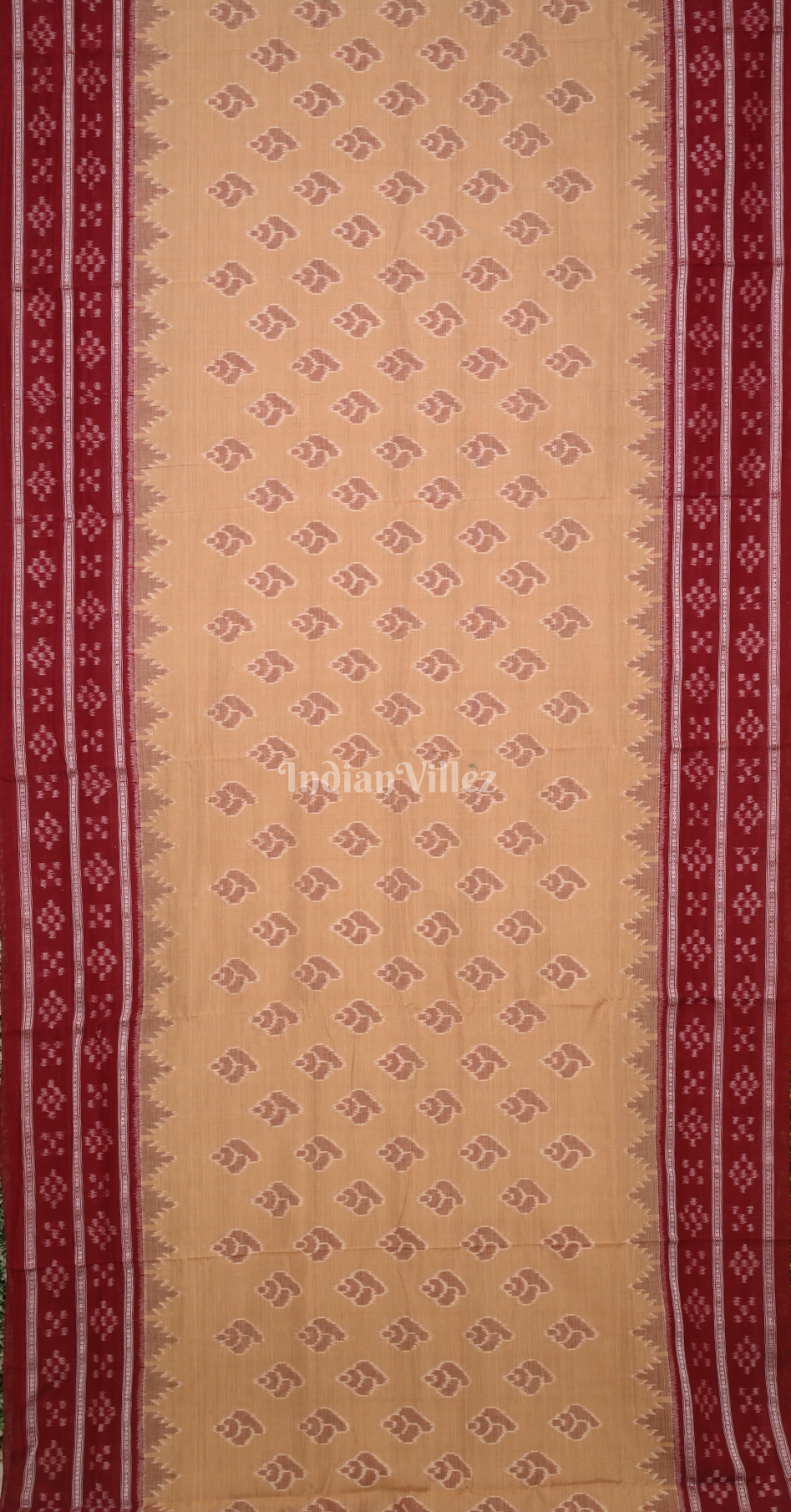 Beige Maroon  Sankha Motif Double Pasapali Border Sambalpuri Cotton Saree