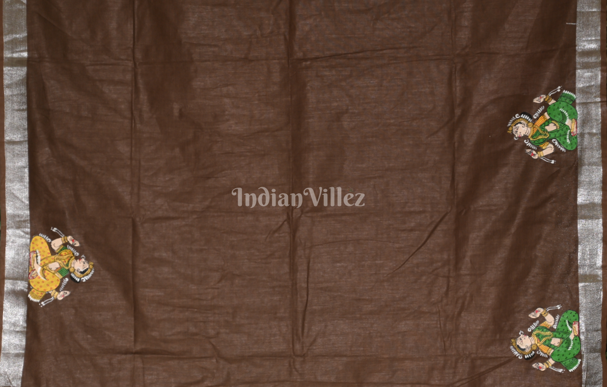 Brown Krishna Raas Leela  Hand-Painted Pattachitra Saree (Linen)