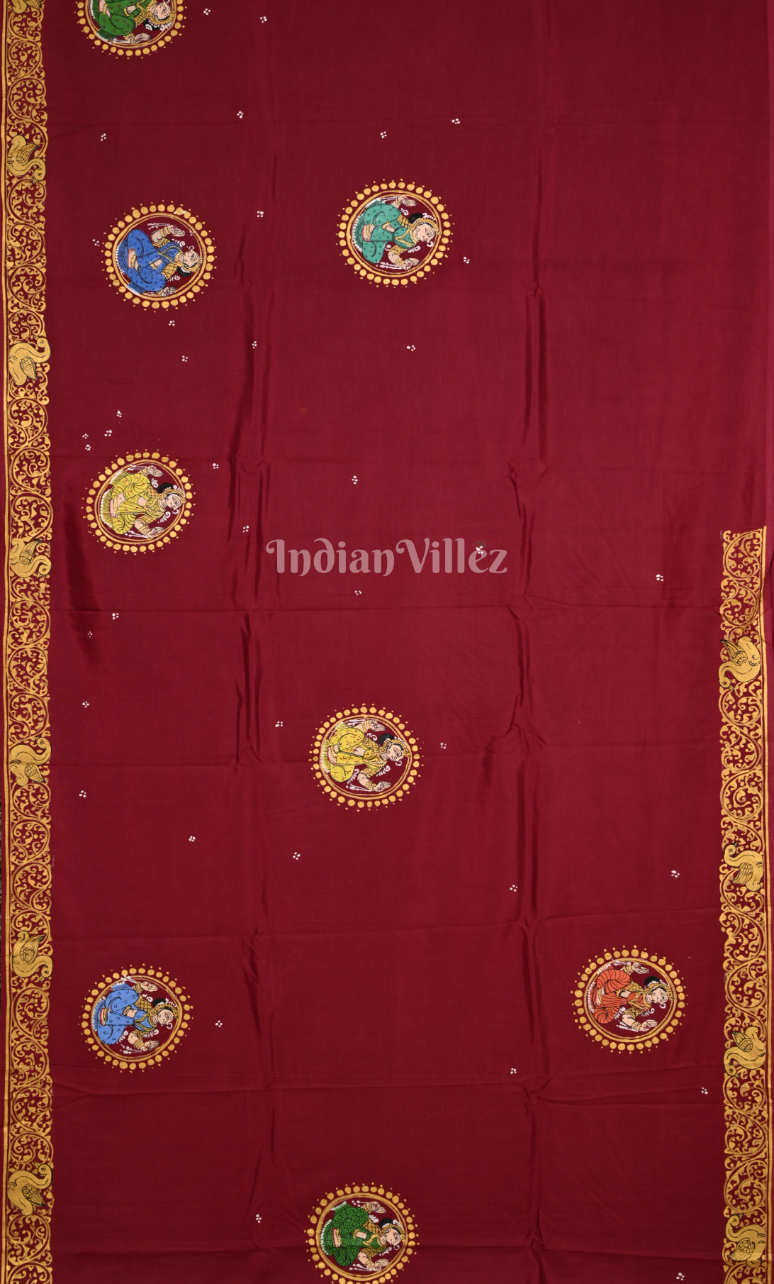 Maroon Ramayana Theme Hand-Painted Pattachitra Saree