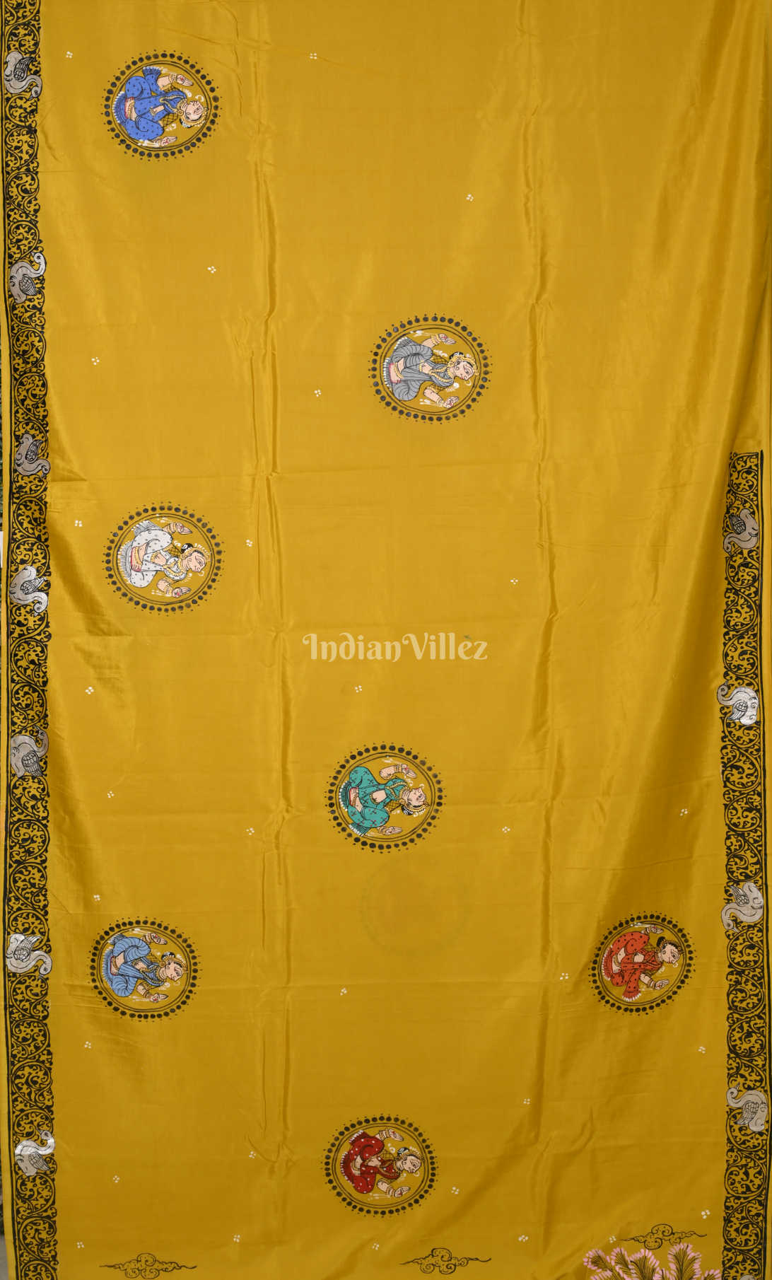 Mustard Yellow Ramayana Theme Hand-Painted Pattachitra Saree 
