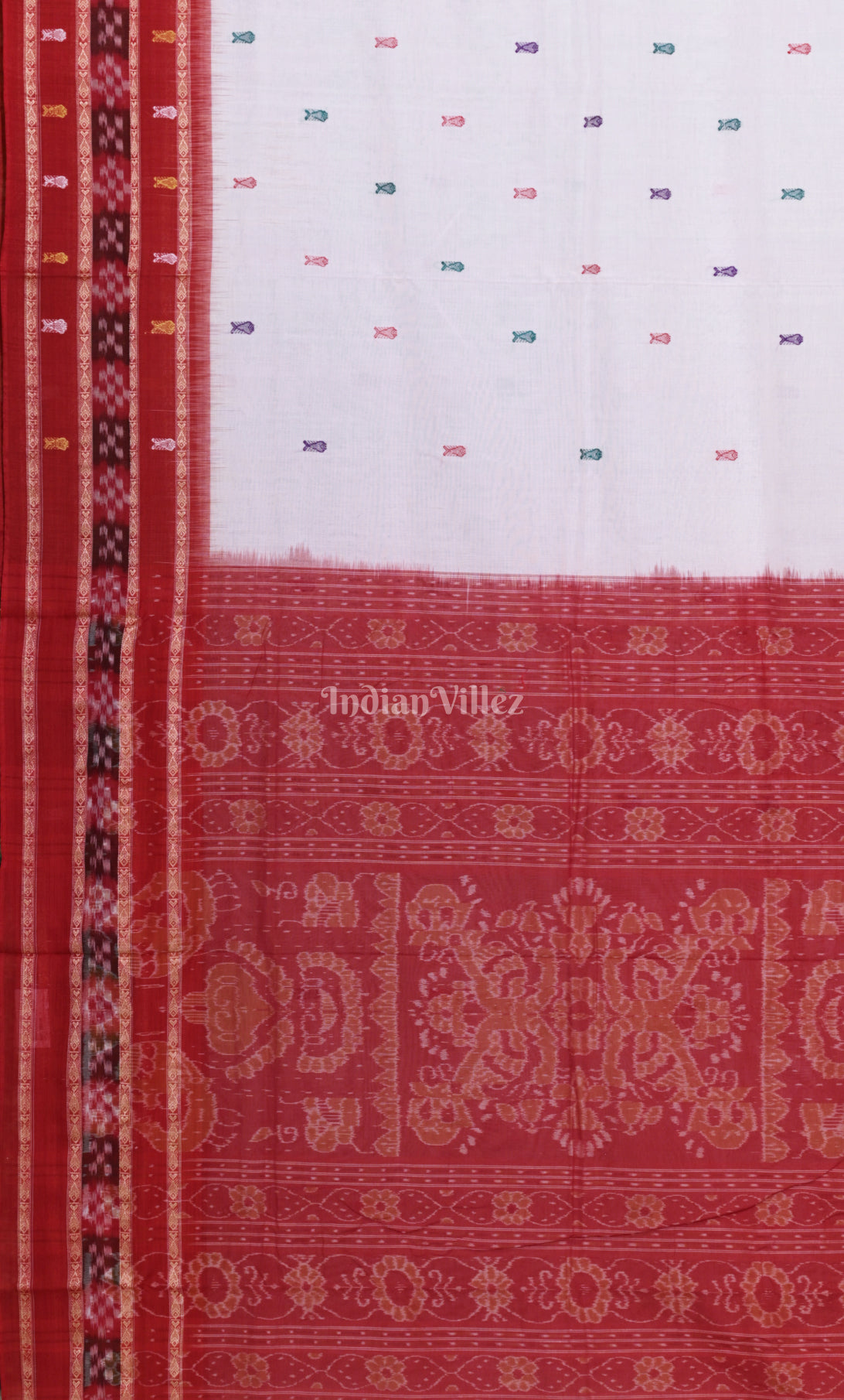 White Red  Fish Motif Odisha Ikat Sambalpuri Cotton Saree 