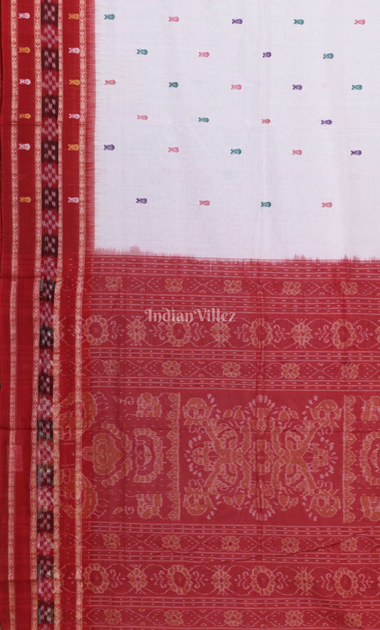 White Red  Fish Motif Odisha Ikat Sambalpuri Cotton Saree 