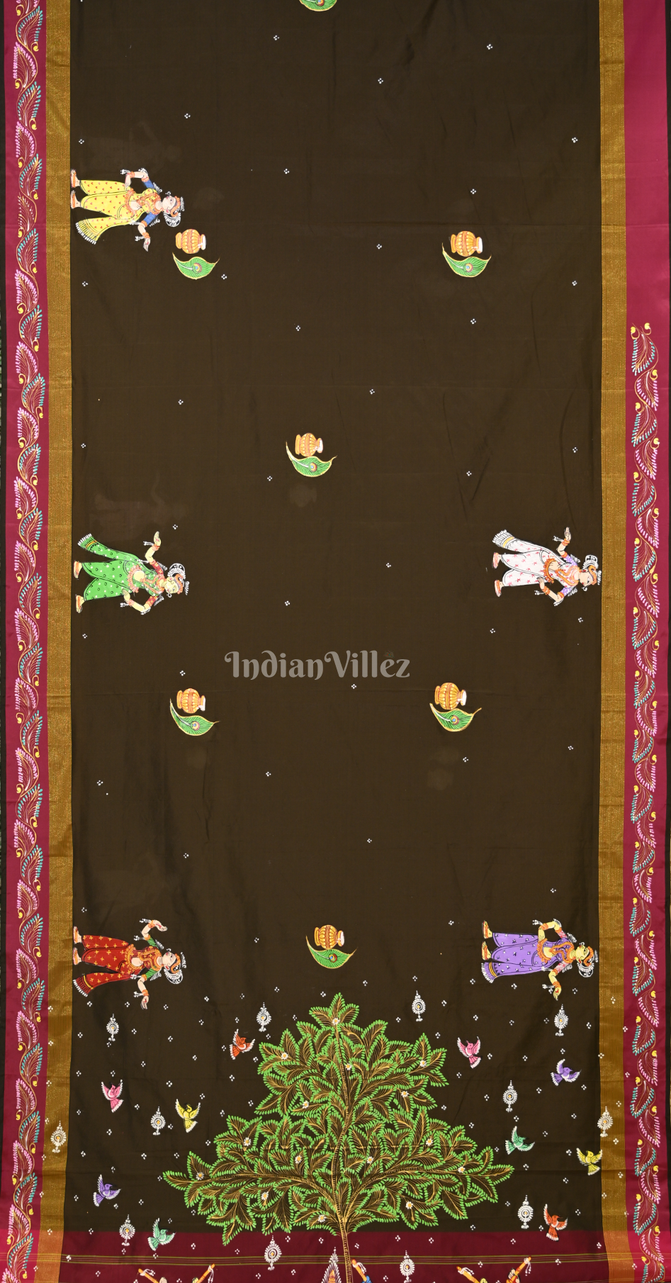 Moss Green Maroon Krishna Raas Hand-Painted Pattachitra Saree 