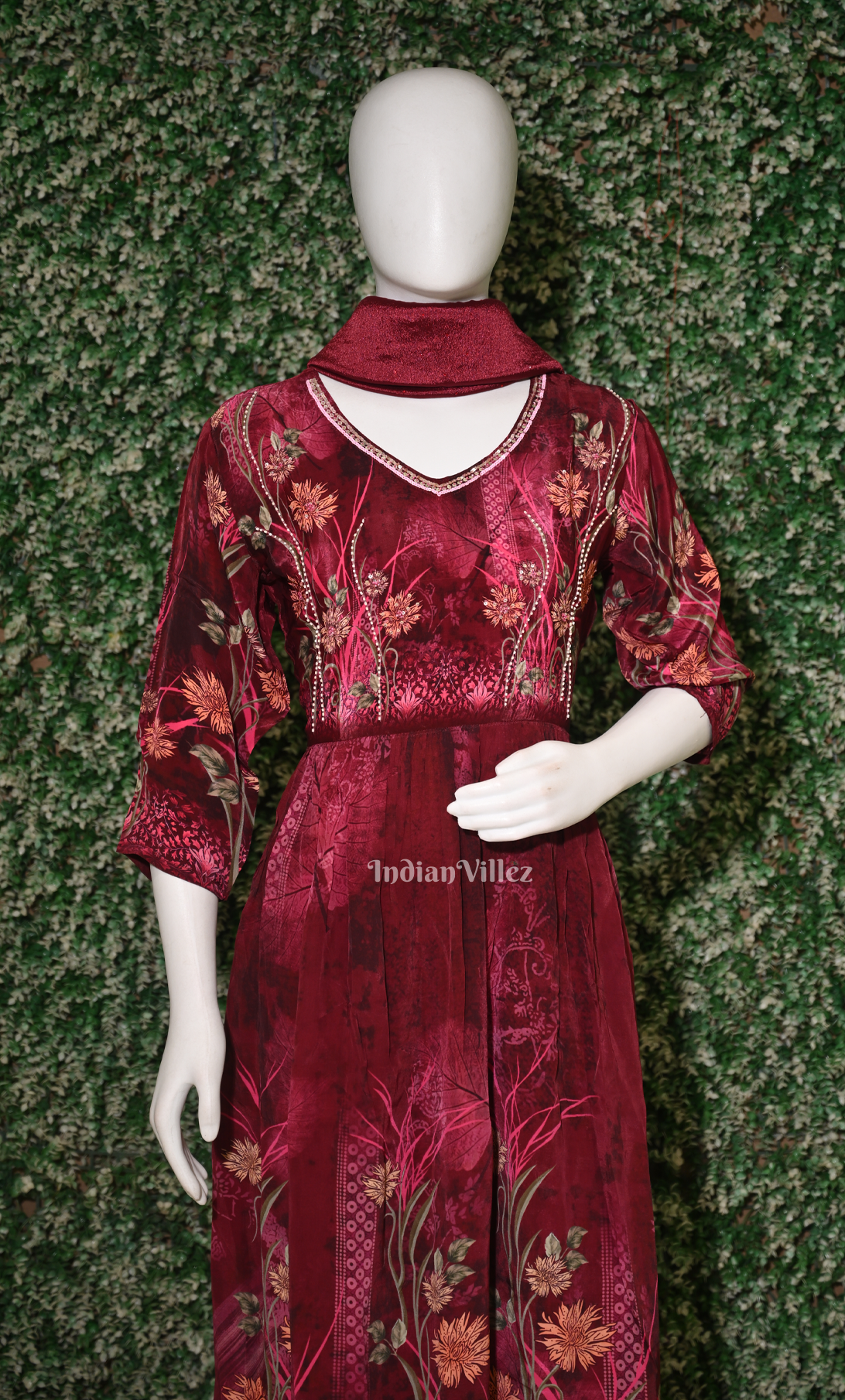 Wine Floral Print Kurta Plazzoo with Dupatta set 