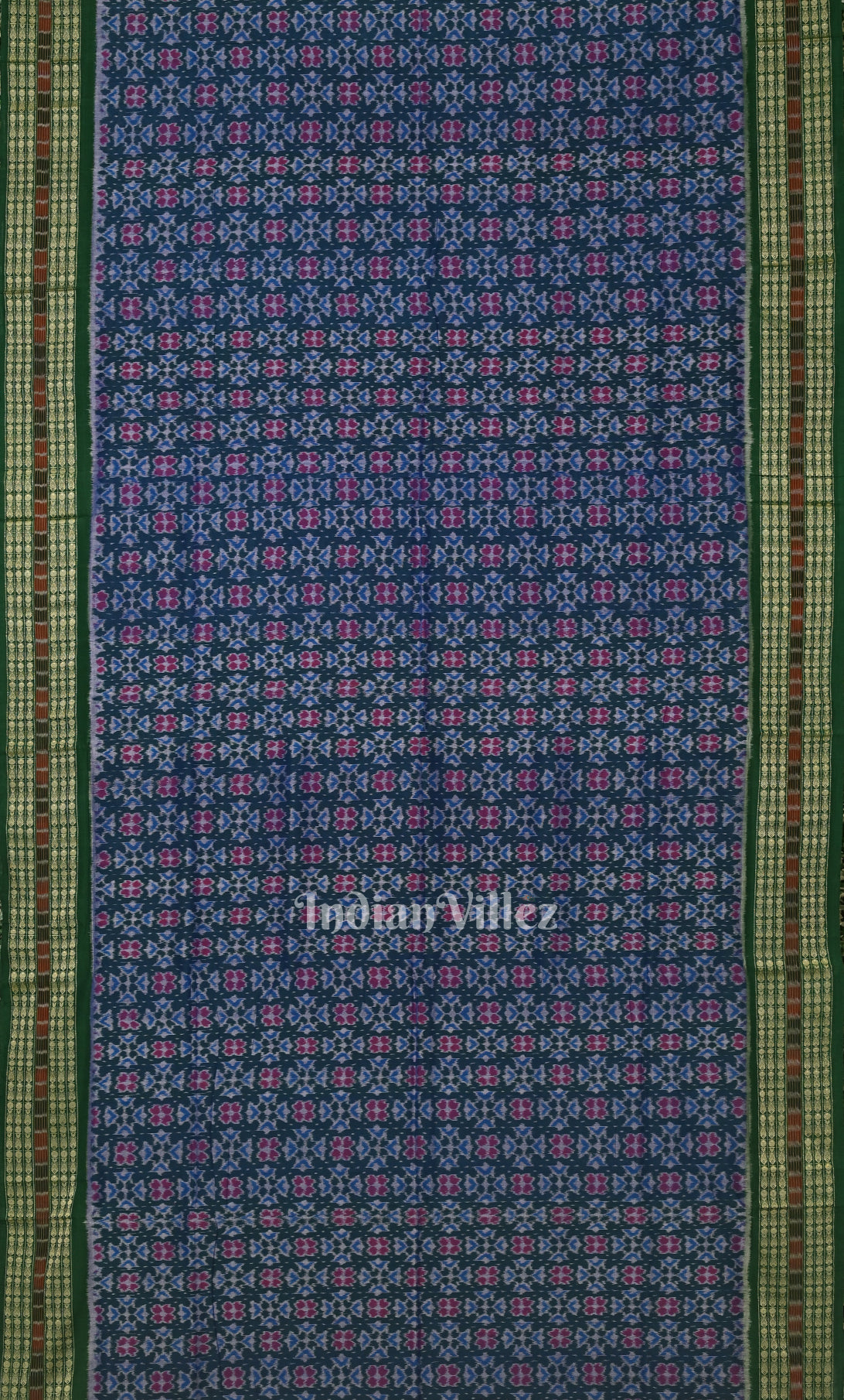 Blue Green Flower Motif Odisha Ikat Sambalpuri Cotton Saree