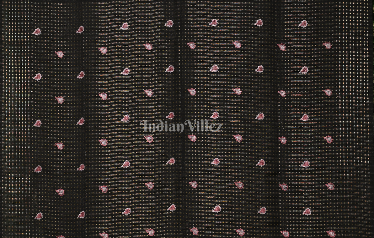 Black Tussar Silk Saree with  Pink Floral Embroidery Work