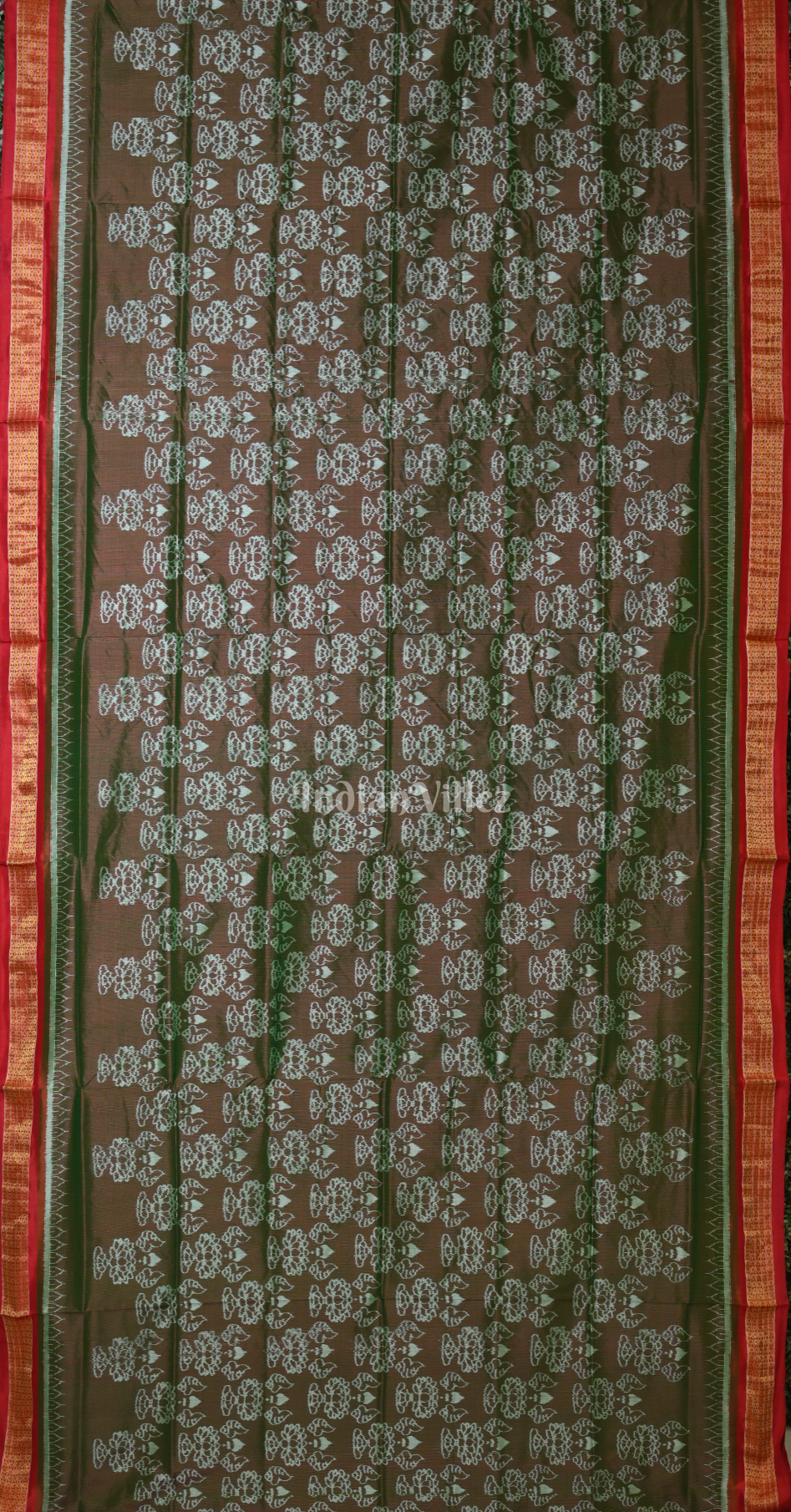Moss Green Red Sankha Padma Motif Half Tissue Odisha Ikat Sambalpuri Silk Saree 