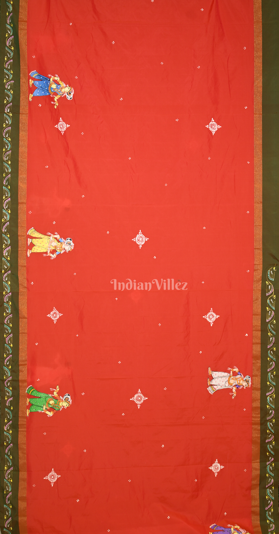 Orange Krishna Raas Leela Hand-Painted Pattachitra Saree 