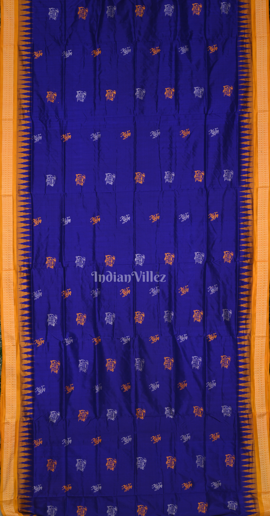 Blue Yellow Tribal Huts Design Odisha Ikat Bomkai Sambalpuri Silk Saree