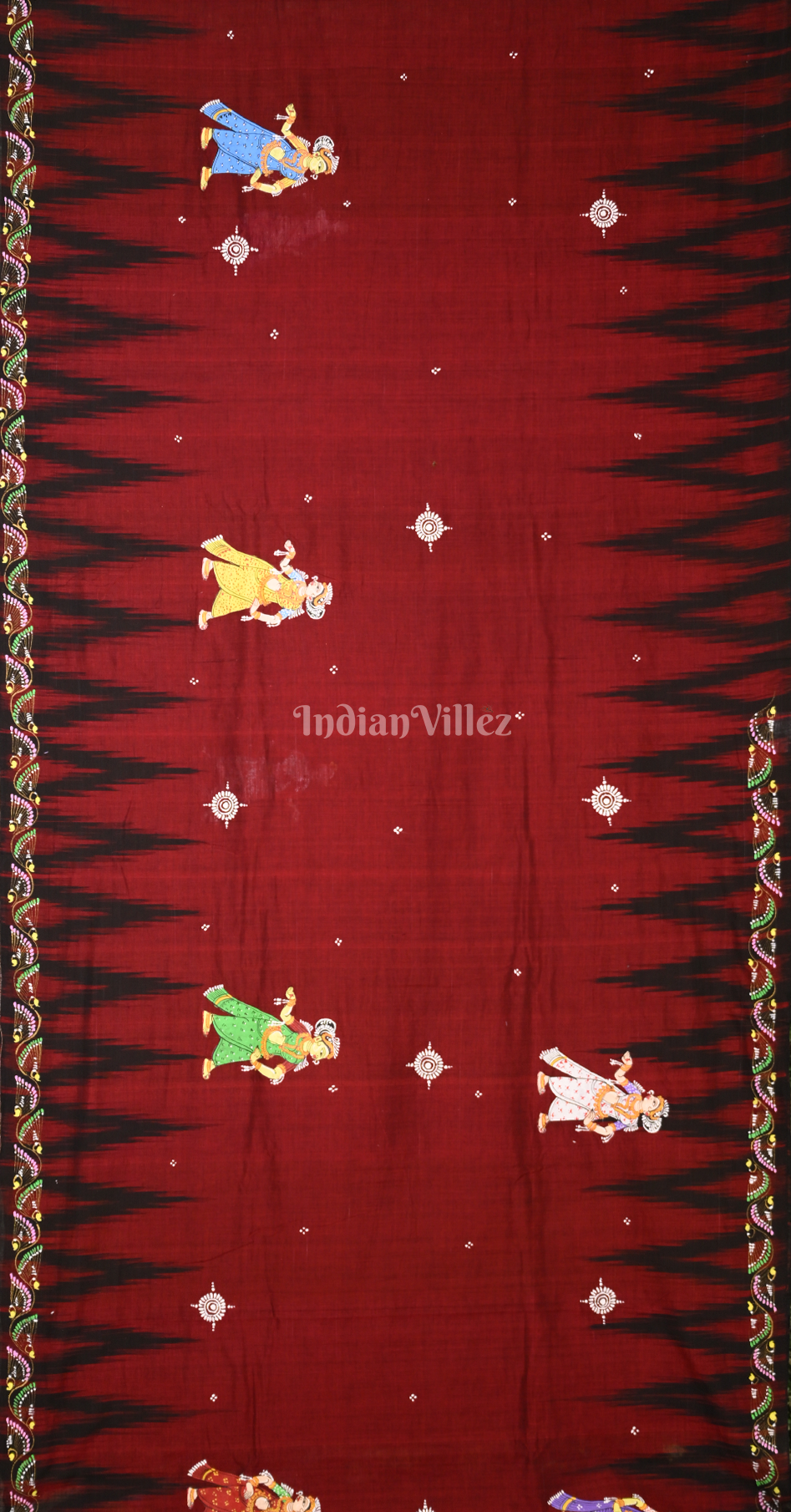 Maroon Black Krishna Raas Leela Hand-Painted Pattachitra Saree 