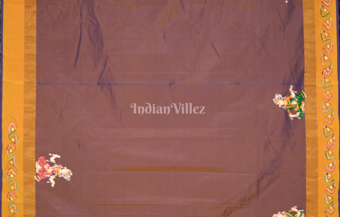 Brown Krishna Radha Doli Theme Hand-Painted Pattachitra Saree 