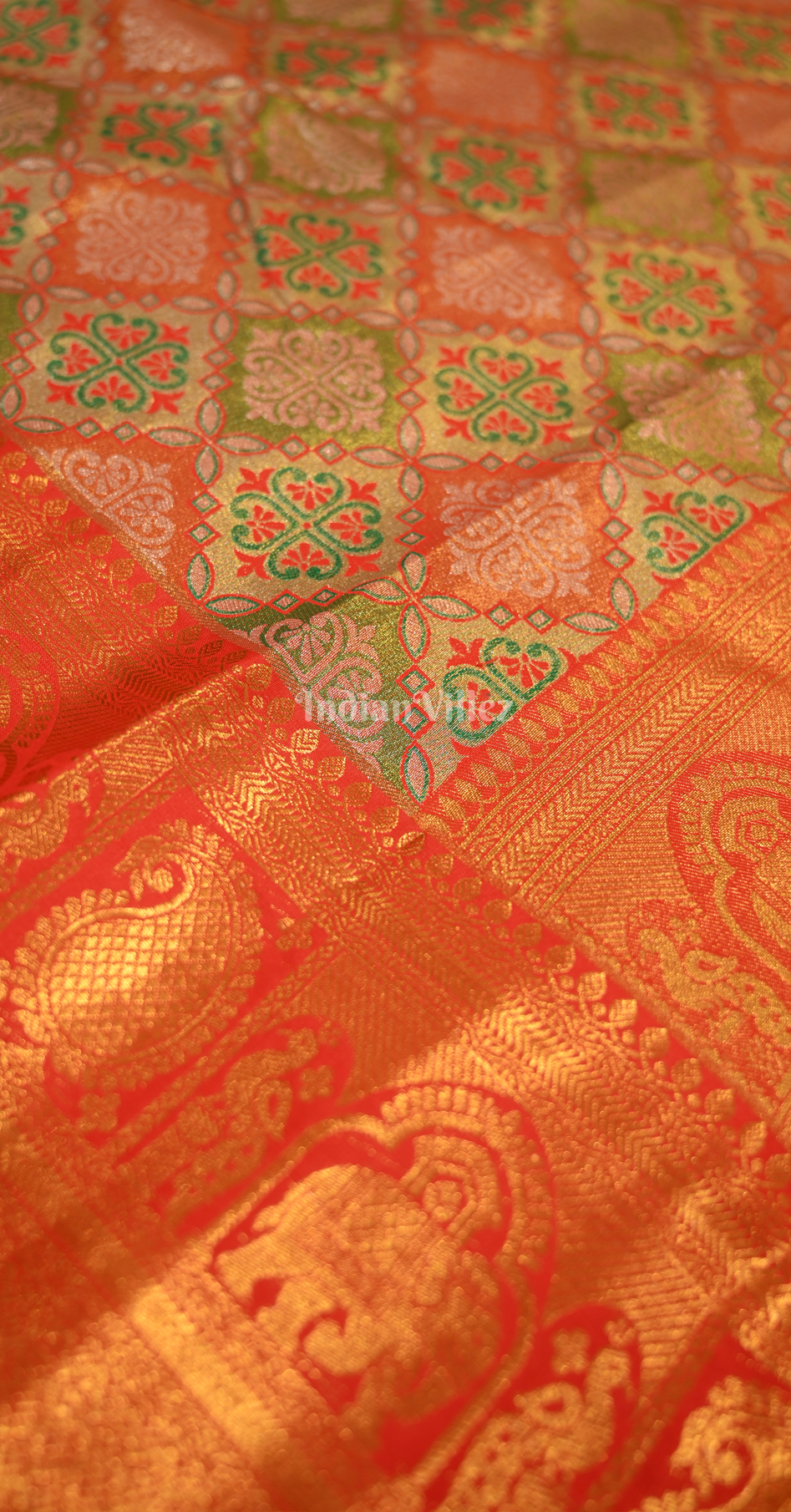 Rust Orange Golden Bridal Kanjivaram Silk Saree 