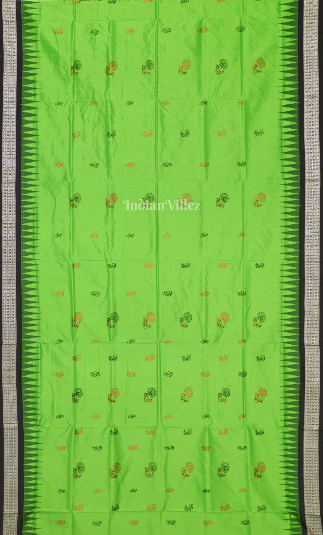 Parrot Green Black Tribal Theme Odisha Ikat Bomkai Sambalpuri Silk Saree 