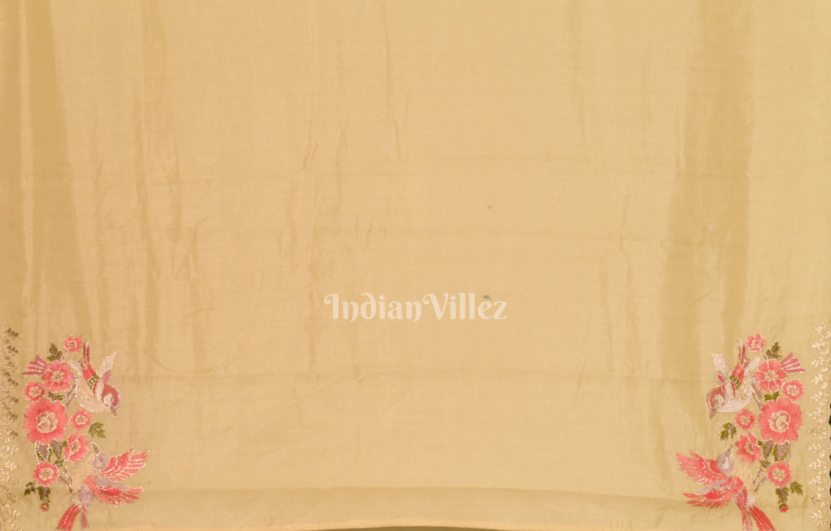 Beige Tusasr Silk Saree with  Hand Embroidery 