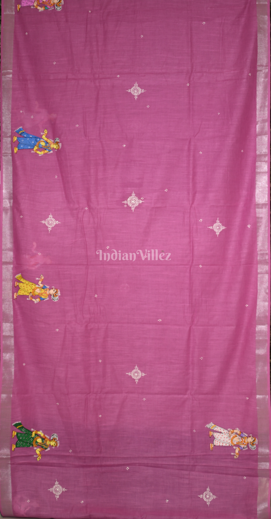 Pink Purple Krishna Rasa Leela Hand-Painted Pattachitra Saree
