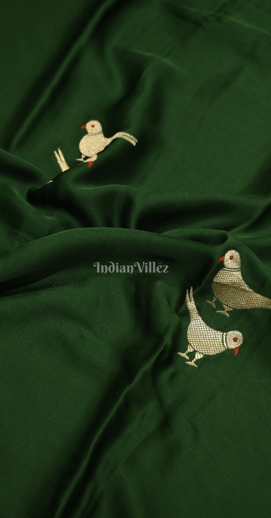 Bottle Green Bird Motif Pure Satin Crepe Silk Banarasi Saree