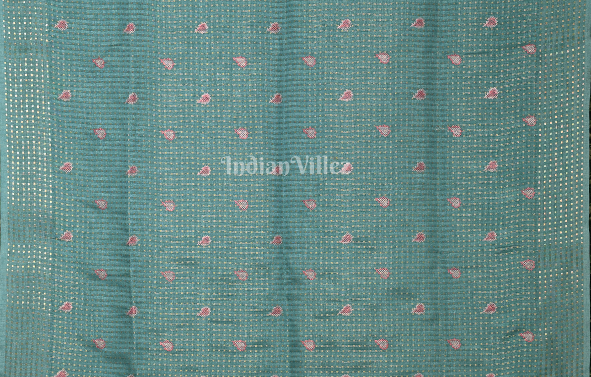 Blue Tussar Silk Saree with Floral Embroidery Work