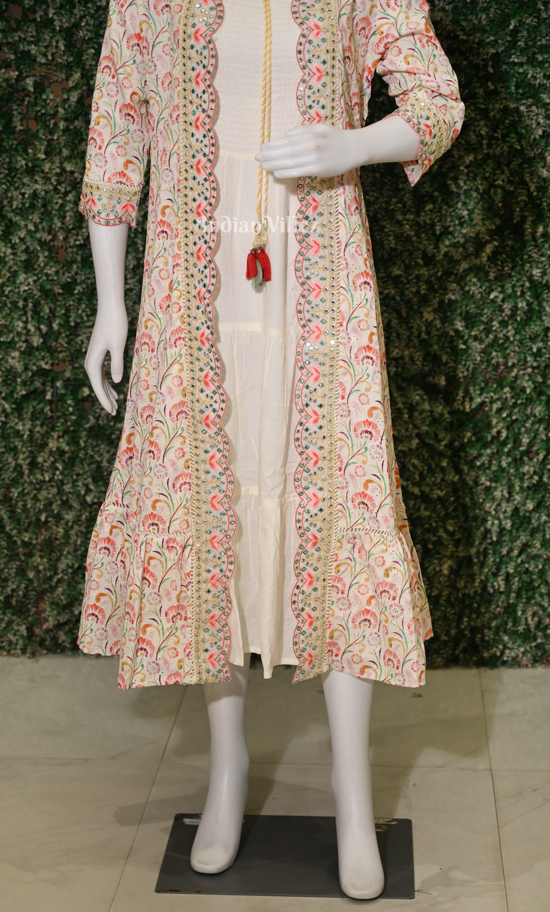 Off-White Cotton Floral Print Sleeveless Middi Frock with Shrug