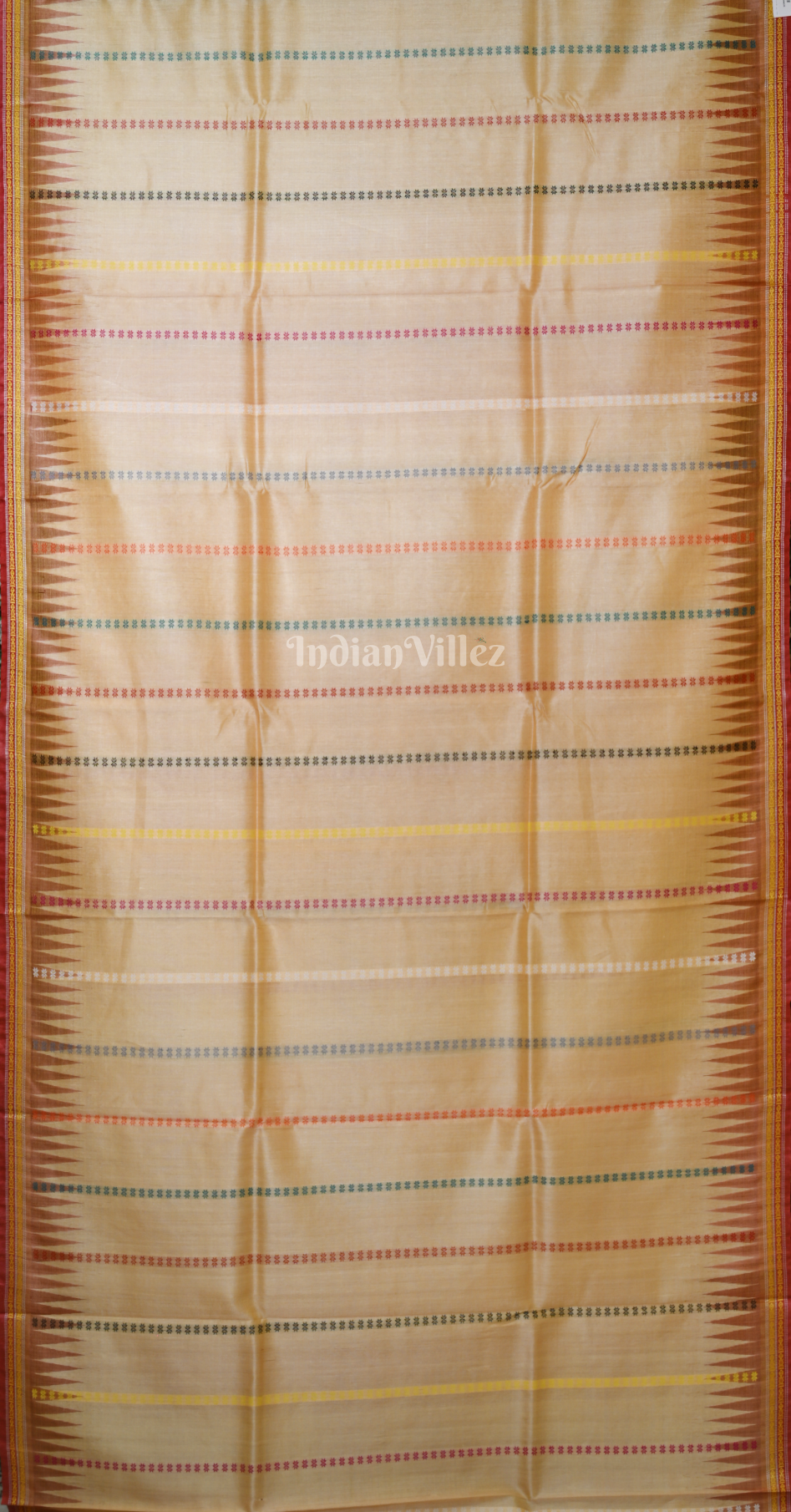 Beige Red Veena Pani Theme Fine Gopalpur Tussar Silk Saree 