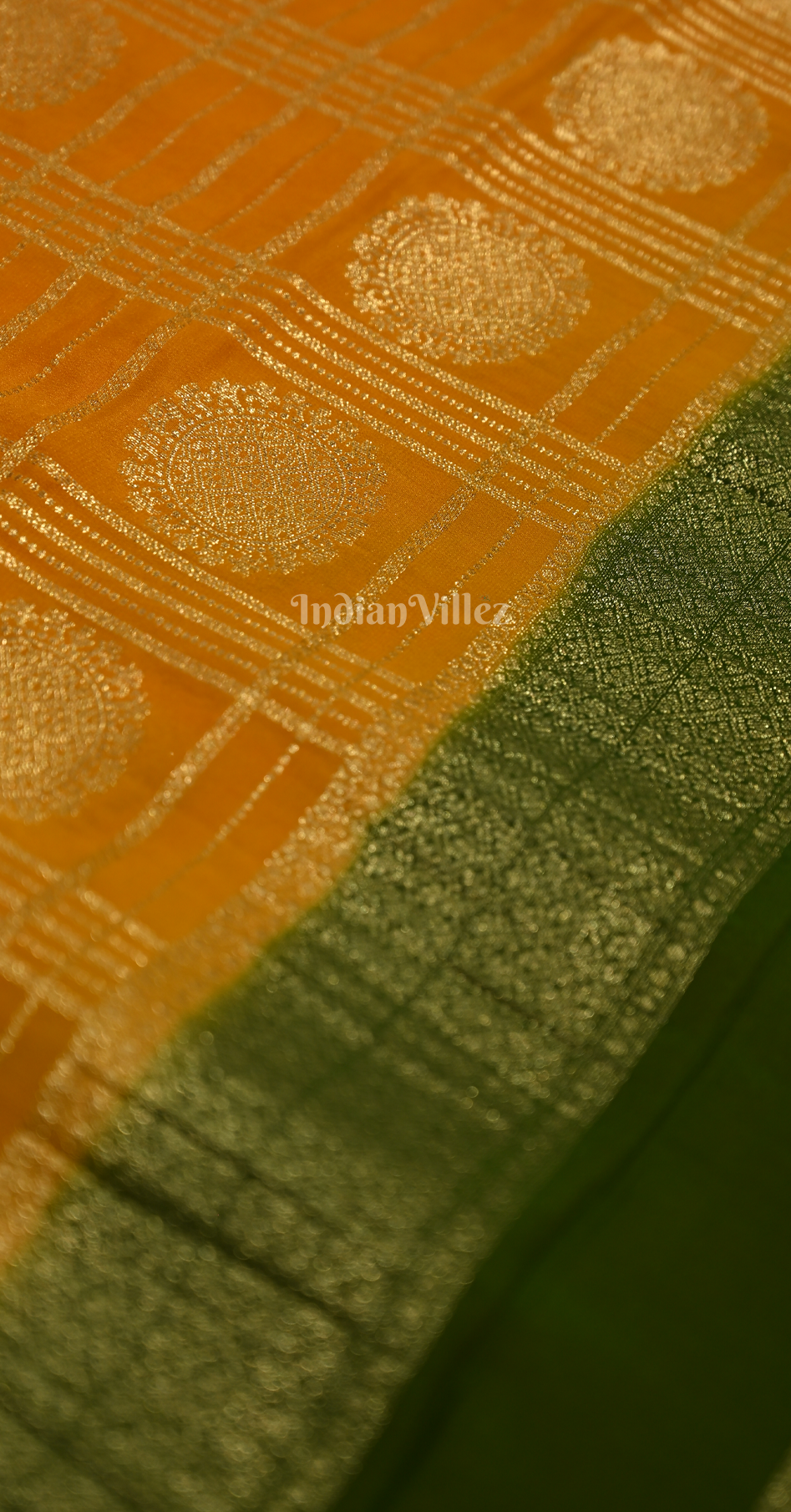 Mustard Yellow Green Checks Buta Pure Crepe Kanjivaram Silk Saree