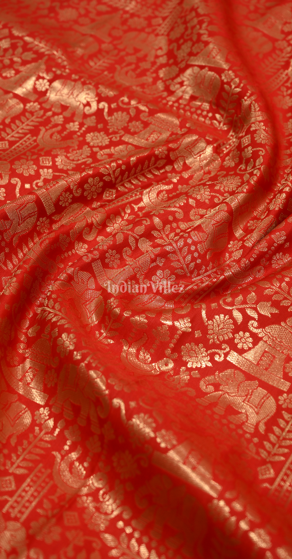 Exclusive Red  Elephant & Temple Motif Floral Pure Brocade Kanjivaram Silk Saree 